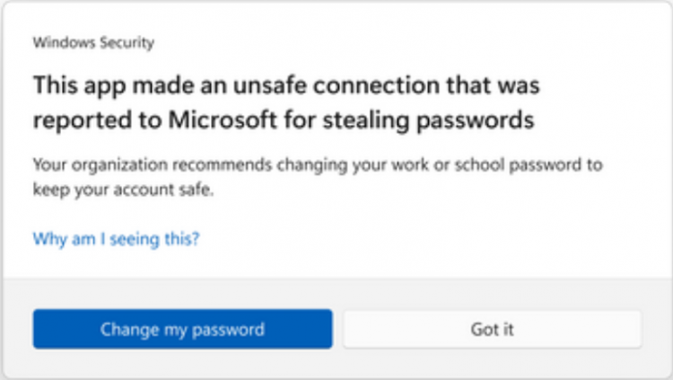 A warning dialog box is displayed to the end user noting an unsafe connection was made to a phishing site