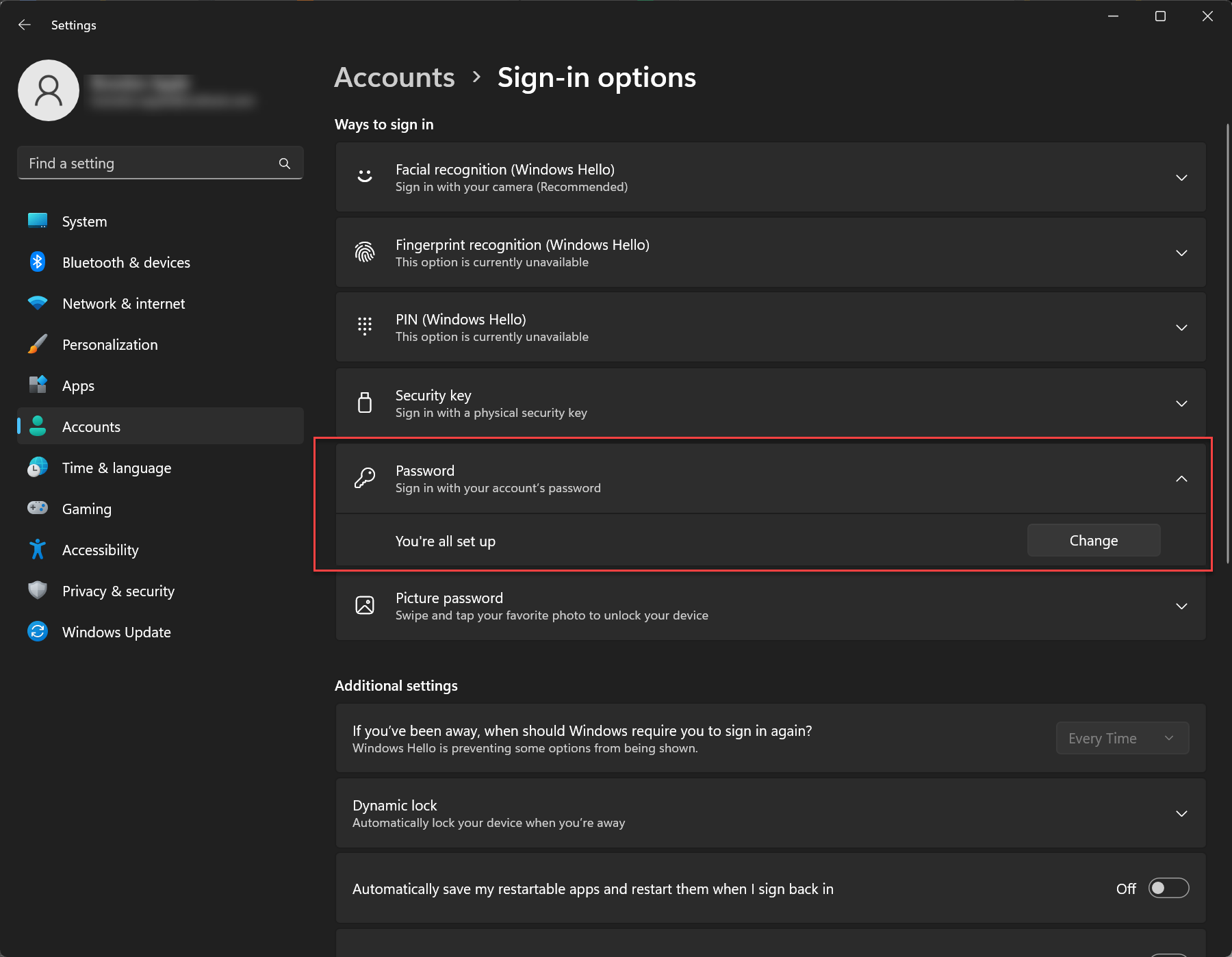 Users are taken to the Accounts screen in Windows Settings to change their password