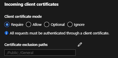 Set the client certificate mode and certificate exclusion paths