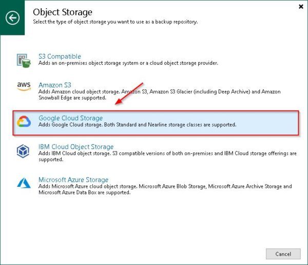 Select Google Cloud Storage option