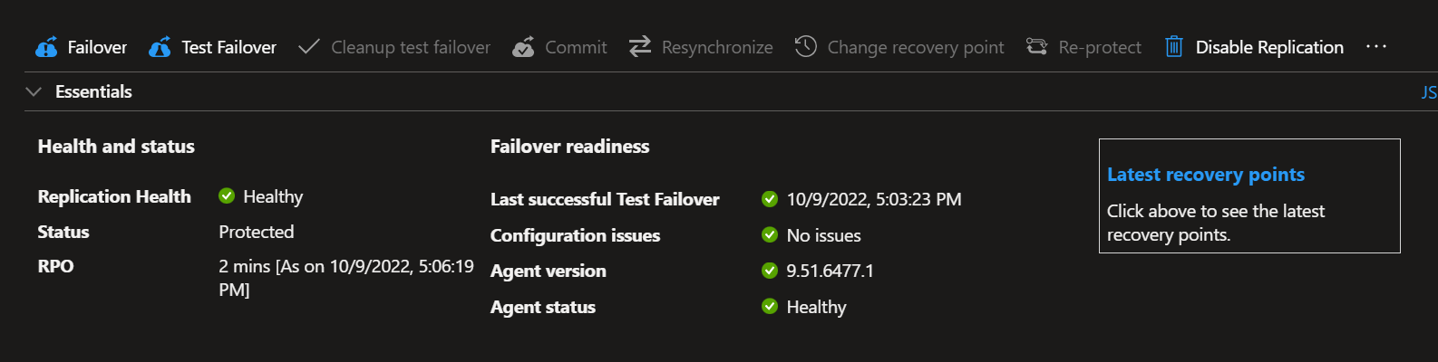 Azure shows the VM status as “Protected” and the last successful test failover