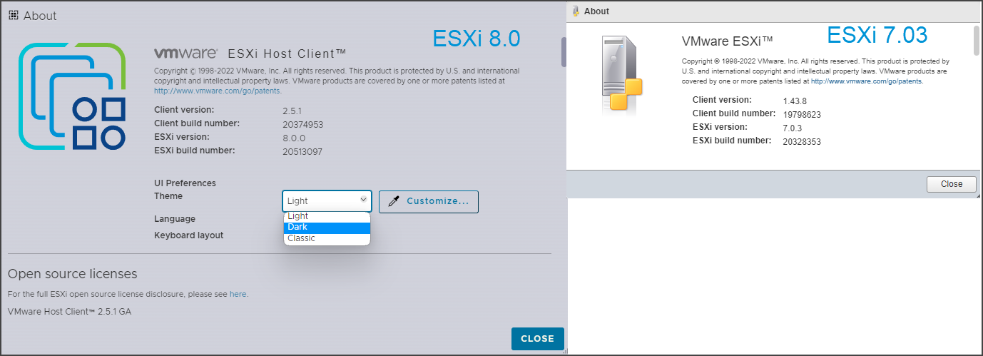 ESXi 8.0 vs 7.0.3 Host Client version Compare