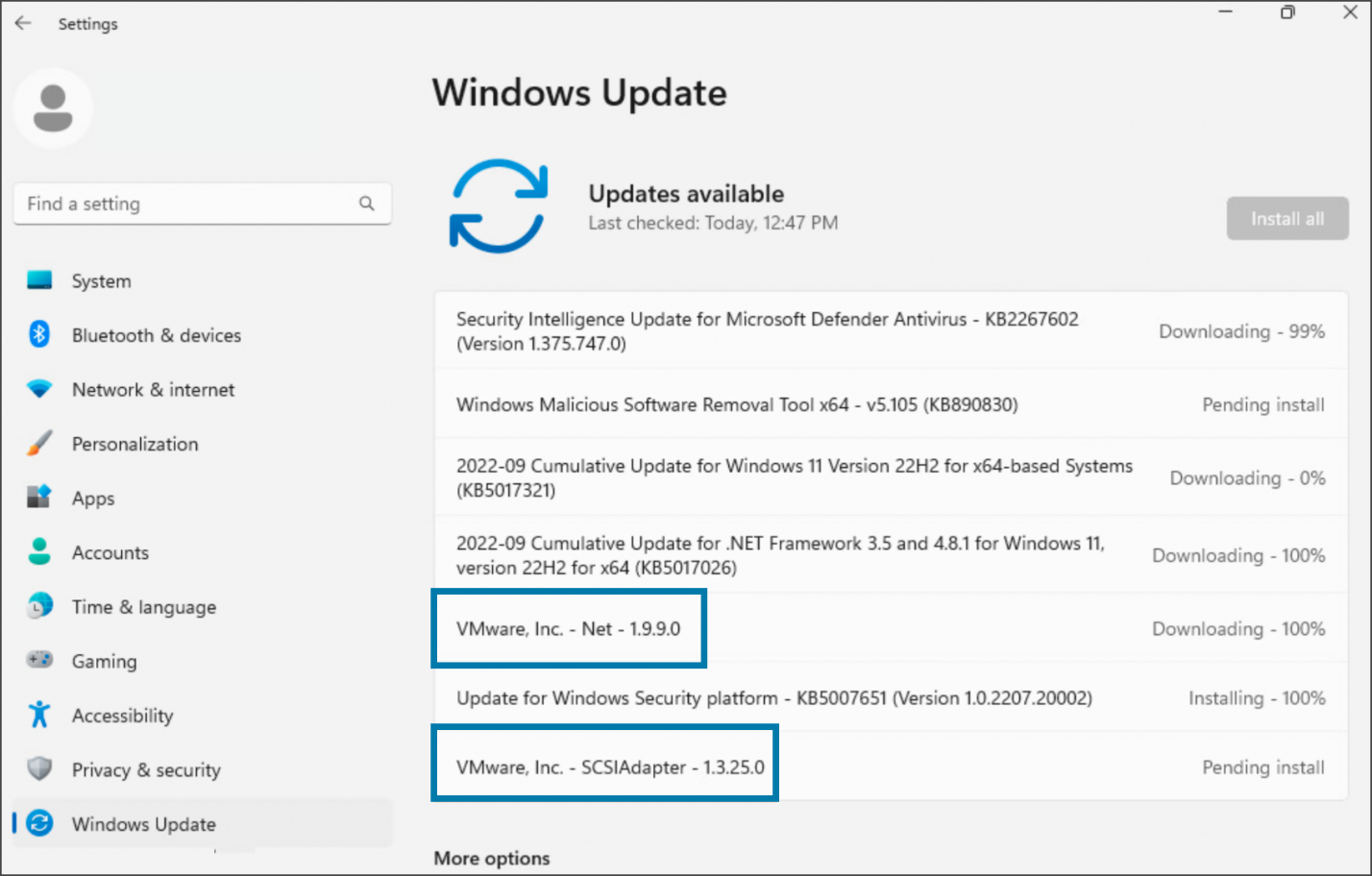 VMware PVSCSI and VMXNET3 drivers included in Windows Updates