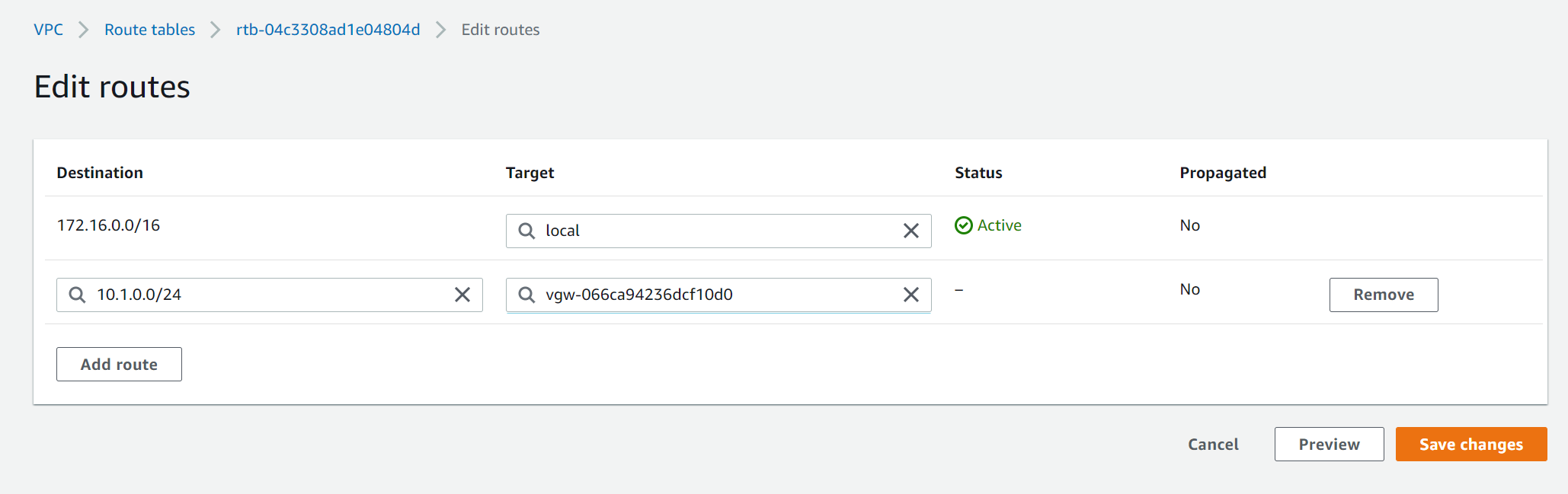 Edit the AWS route table to add the Azure network