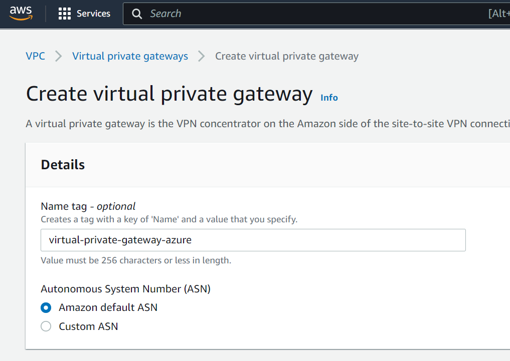 Enter the name of your AWS Virtual Private Gateway
