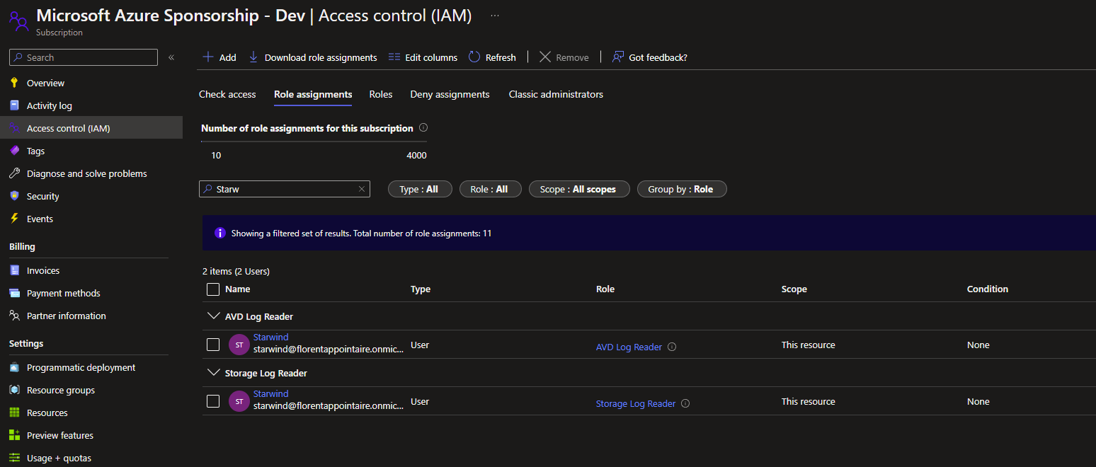 Microsoft Azure Sponsorship - Dev | Access control (IAM) | Storage Logs