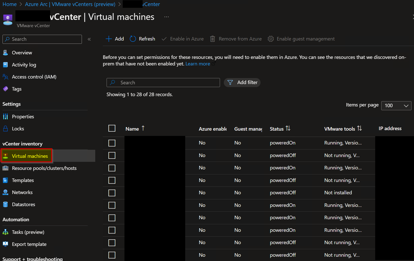 Azure Arc | VMware vCenter (preview) | vCenter | Virtual machines 