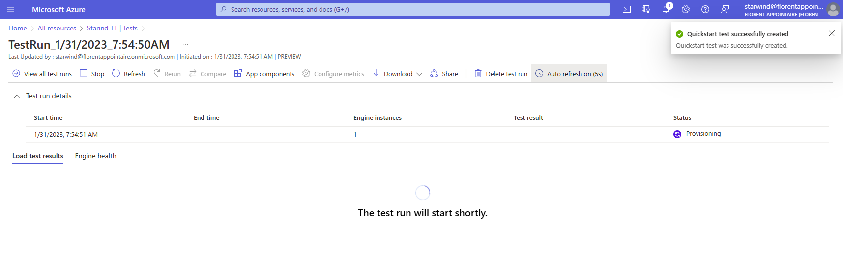 Click on Run test. The test is created and will start