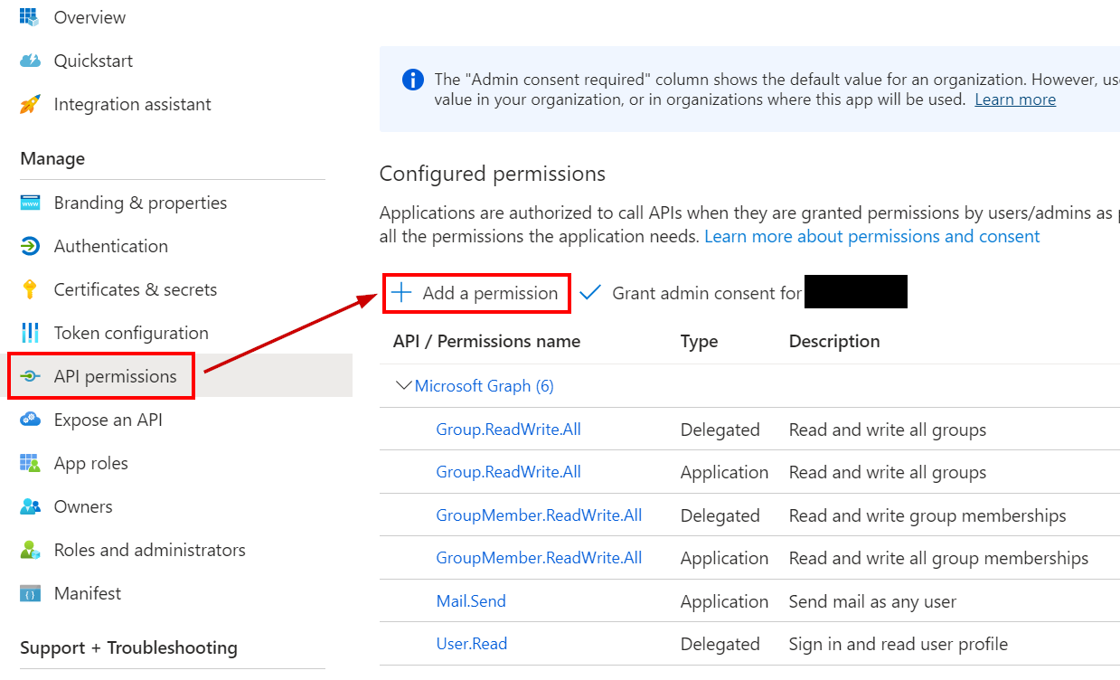 Go to the API permissions tab, and click Add a permission