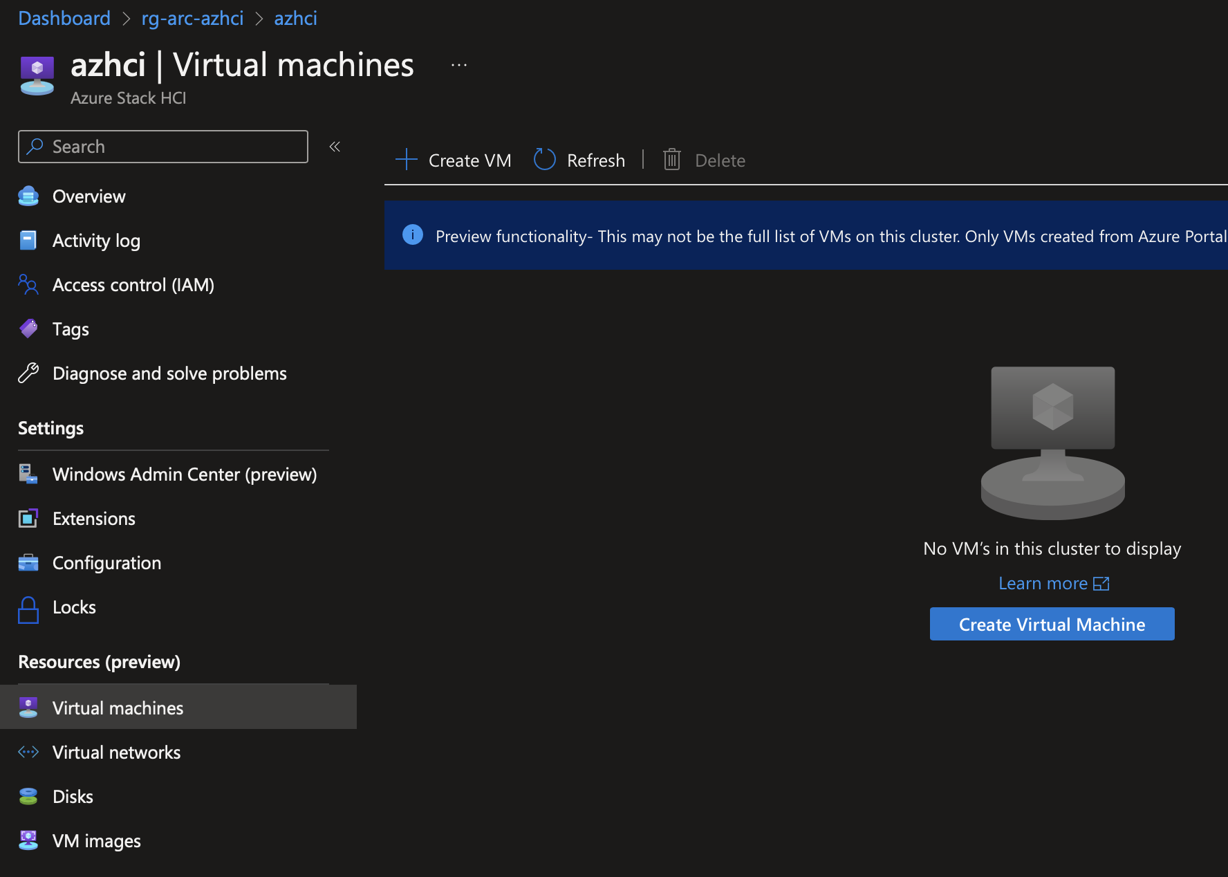 To create a VM from the Azure Portal to Azure Stack HCI, navigate to virtual machines. Then click on Create VM