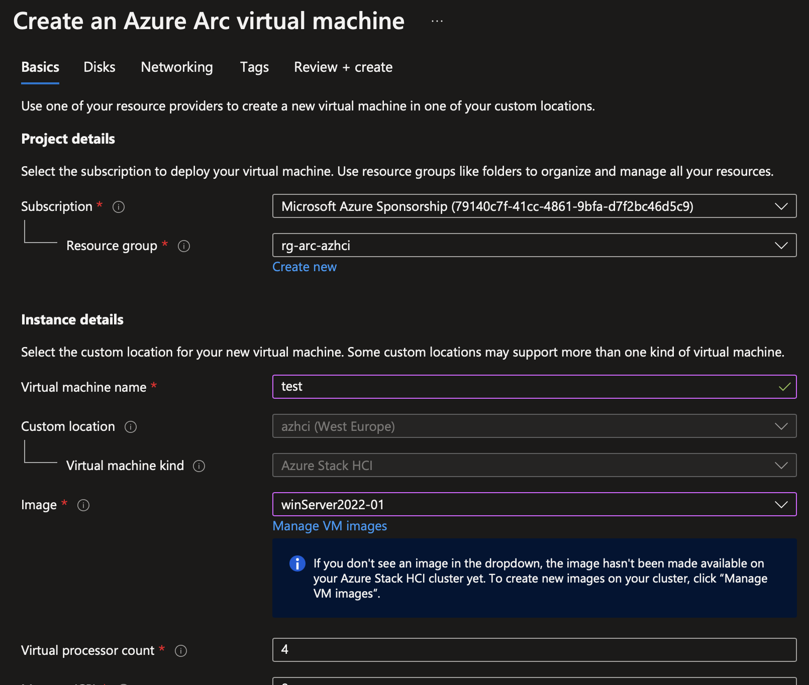 e custom location that is your Azure Stack HCI cluster, specify a VM name, image and size