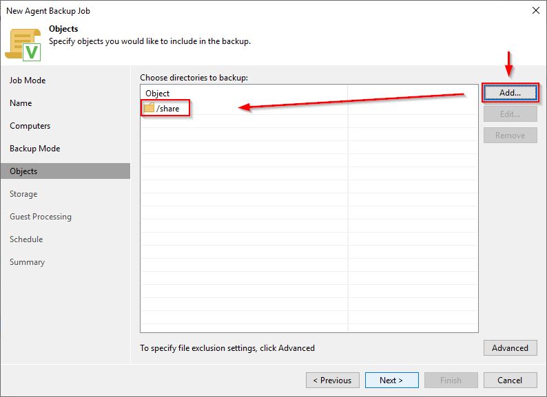 Click Add and specify the path of the object to backup. Click Next to continue