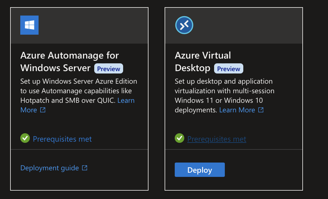 If you open the main page of your Azure Stack HCI cluster in Azure Portal you should get the following boxes. Click on deploy in AVD box