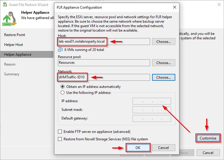 If you selected the Use a temporary helper appliance, click Customize and specify the FLR Appliance Configuration