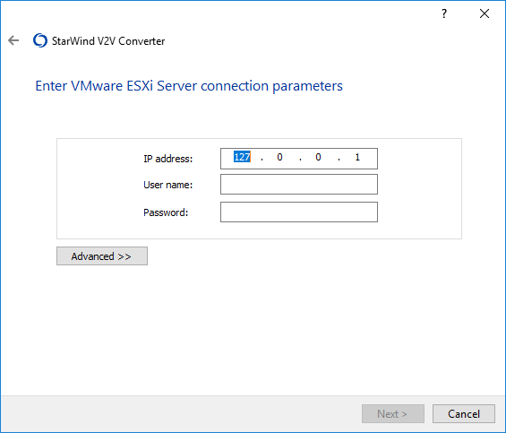 Choose the IP Address and credentials for VMware ESXi Server