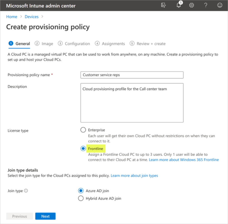 Creating a new Windows 365 Frontline provisioning policy