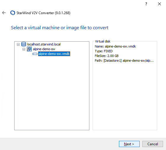 Select the .vmdk file of the VM you wish to convert