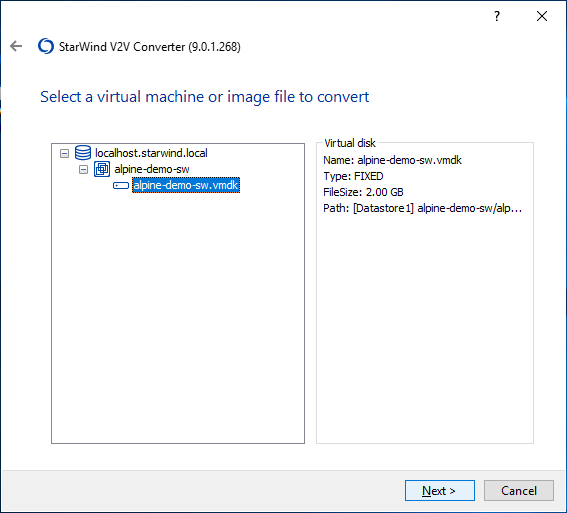 Select the .vmdk file of the VM you wish to convert, click Next