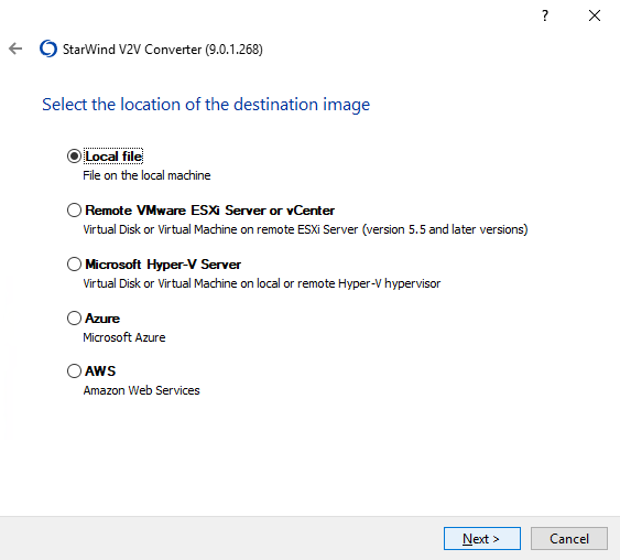 Select Local file as destination of the converting process, where qcow2 VM disk will be saved
