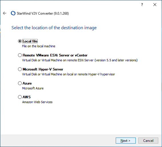Select Local file as destination of the converting process, where qcow2 VM disk will be saved, click Next