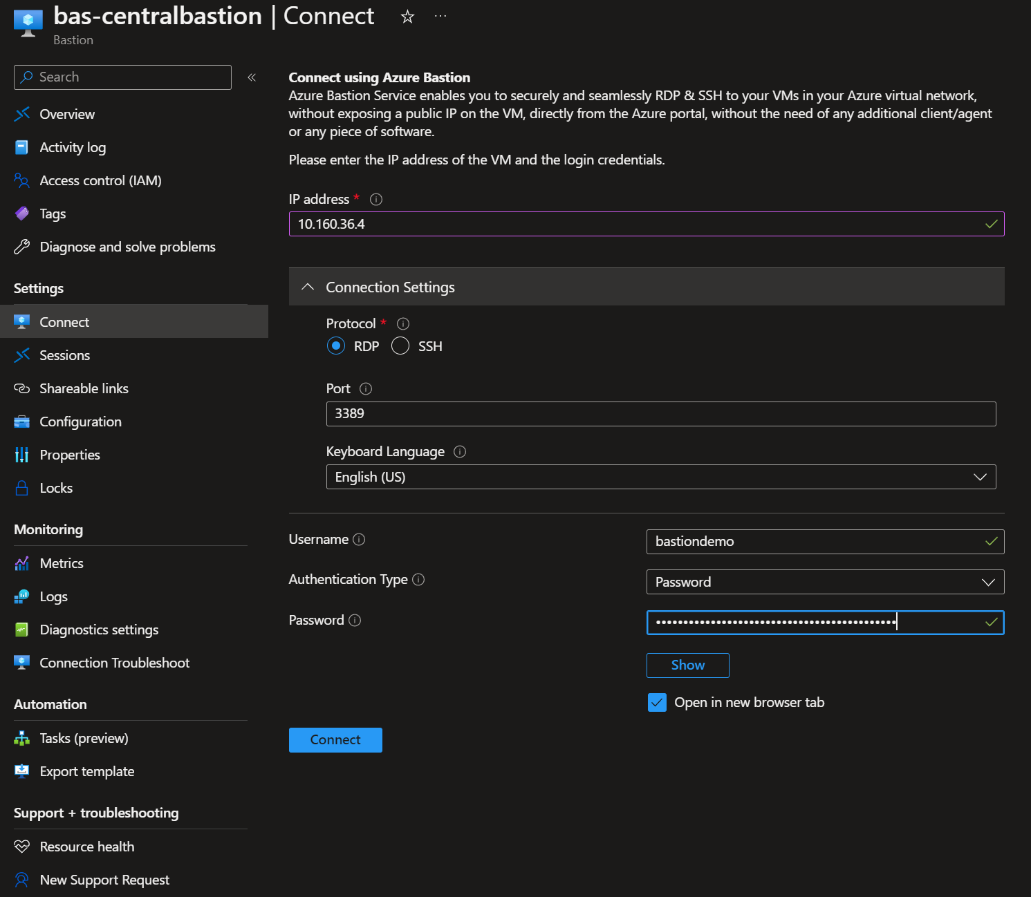 Using Bastion IP-based connection in the Azure portal