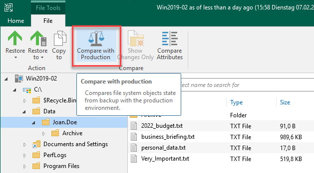 Compare a restore point with the files on the production machine using the updated Backup Browser