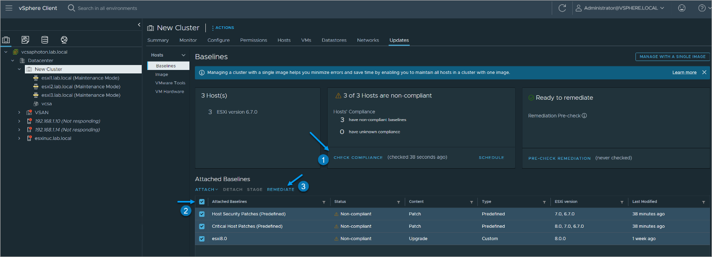 Check compliance of your cluster or host and then remediate