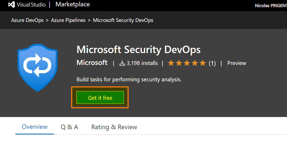 Go to the marketplace and search for “Microsoft Security DevOps” and click “Install”