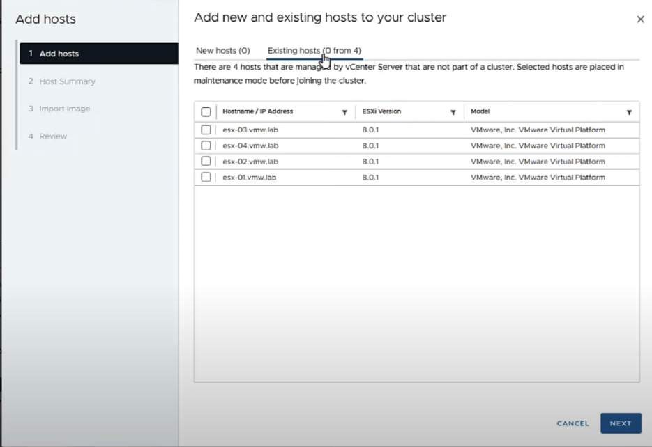 When the cluster is here, add the ESXi hosts to it