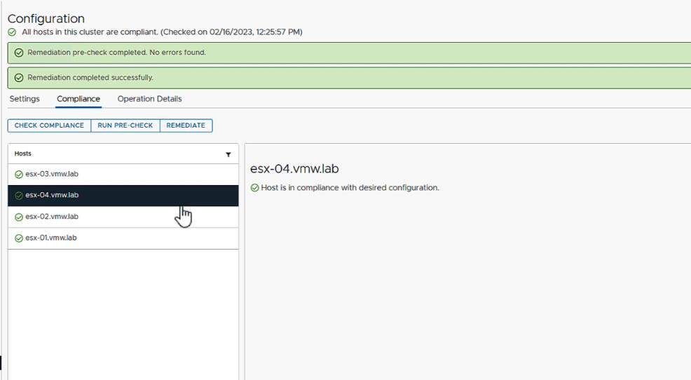 Click the Remediate button, and the configuration of host esx-04 will match the cluster's configuration