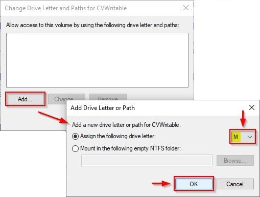 Click Add and assign the desired letter to the disk (letter M in the example). Click OK