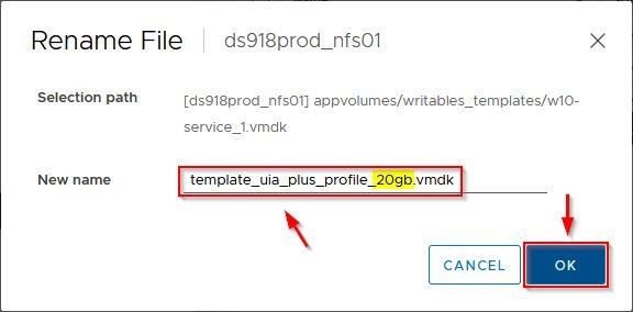 Specify the New name (template_uia_plus_profile_20gb.vmdk in the example) and click OK