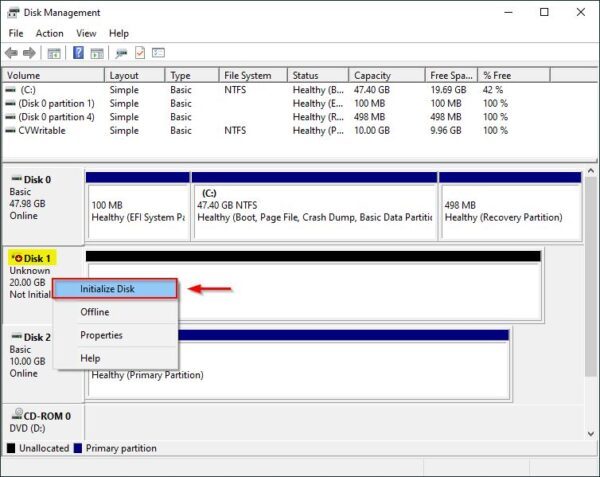 Right click the new 20 GB disk and select Initialize Disk
