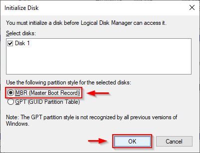 Select MBR (Master Boot Record) as partition style and click OK