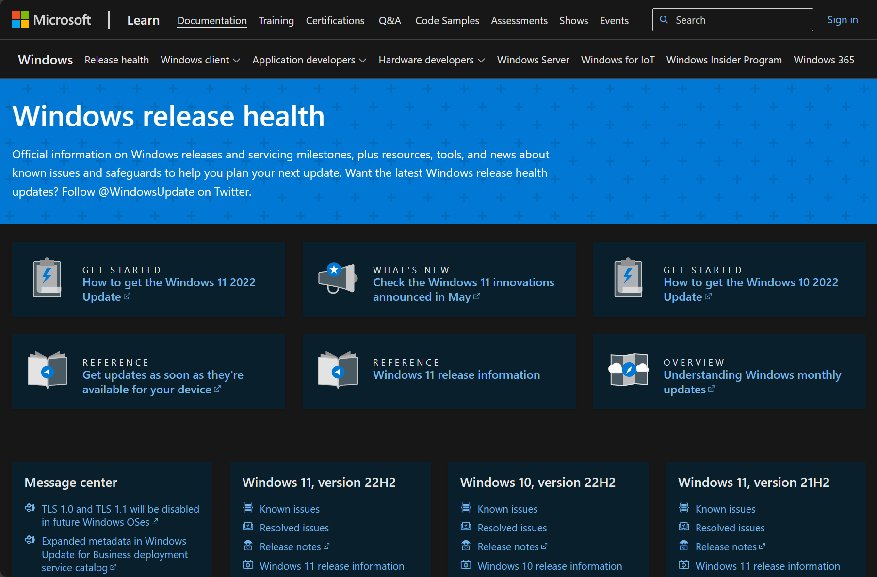 Windows release health dashboard