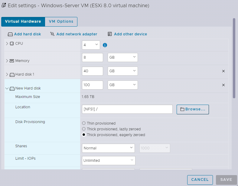 Edit settings Windows Server VM (ESXi 8.0 virtual machine)