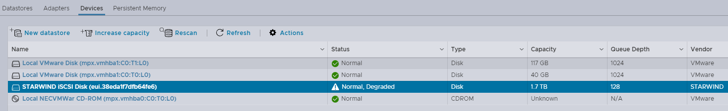 StarWind device connected to iSCSI