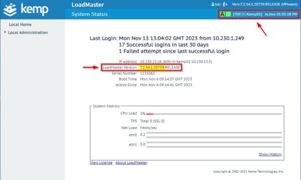 Now login to the Active LoadMaster (Kemp01 in the example) and check the current installed LoadMaster version