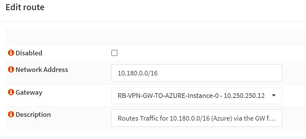 Add a static route to the Azure address space(s) via the gateway