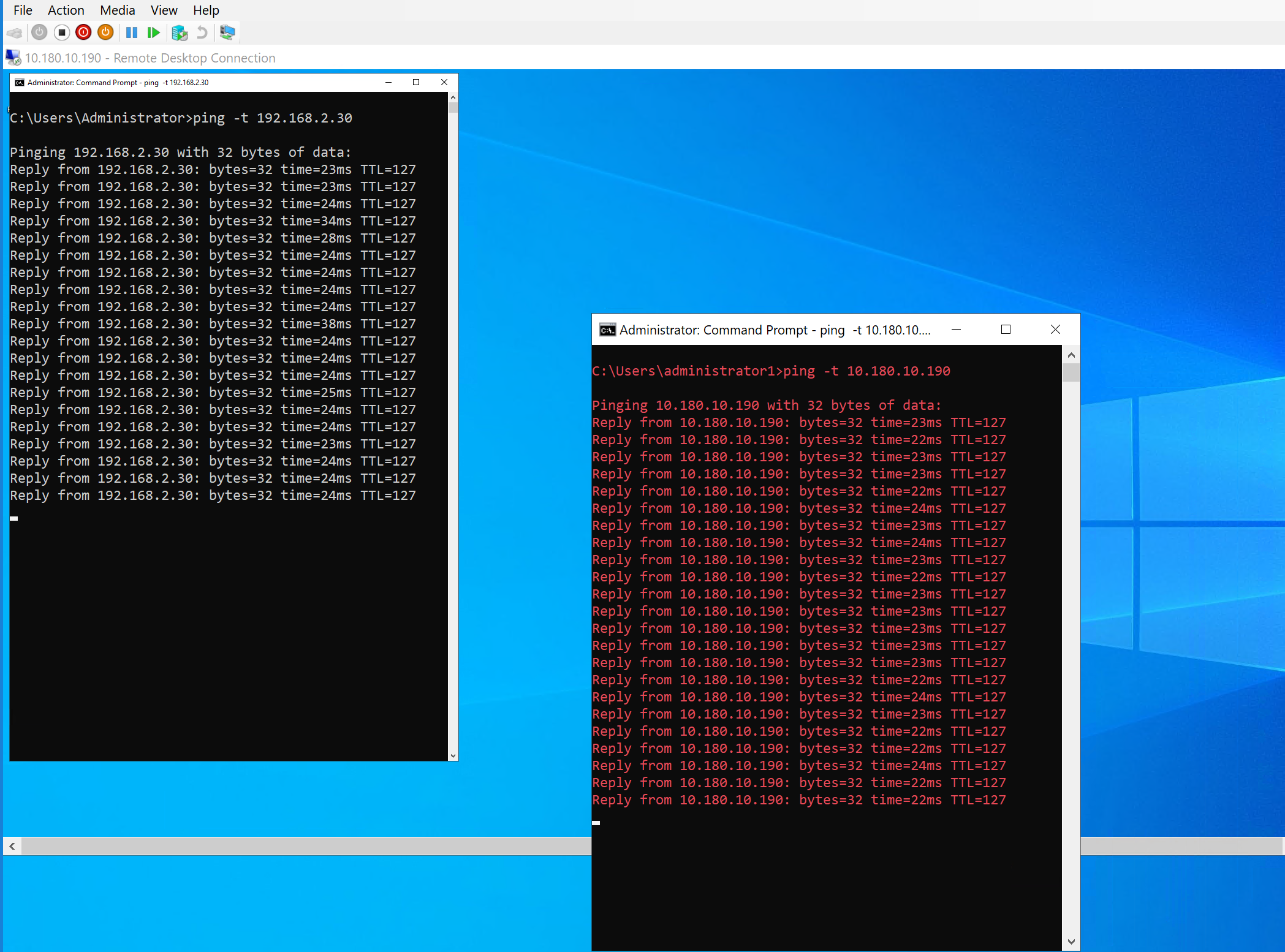 You can see the ping from Azure to on-prem in the white font command prompt and from on-prem to Azure in the red font command prompt