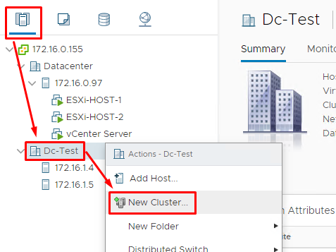 Create the cluster in the Dc-Test datastore