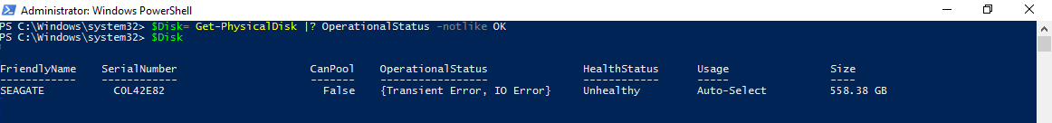 Add the physical disk object as a PowerShell variable