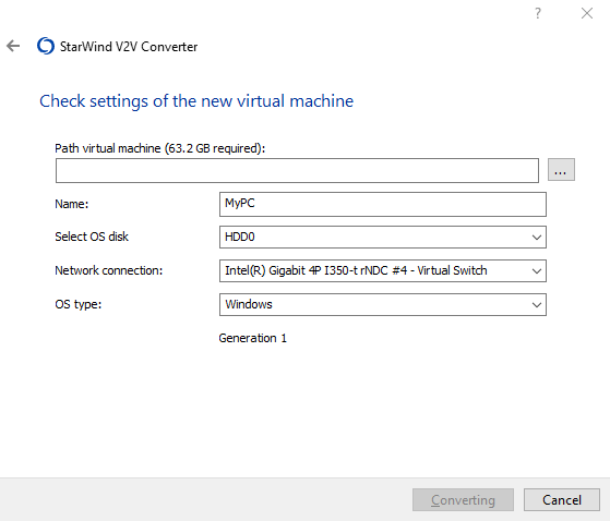Check settings of the new virtual machine