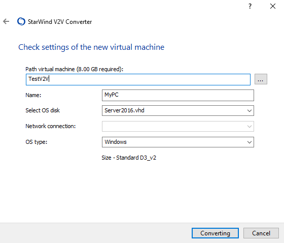 Select Storage accounts to store your VHDX file with the VM image