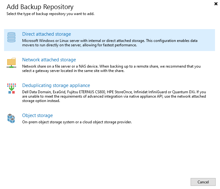 Add Backup Repository | Select “Direct attached storage