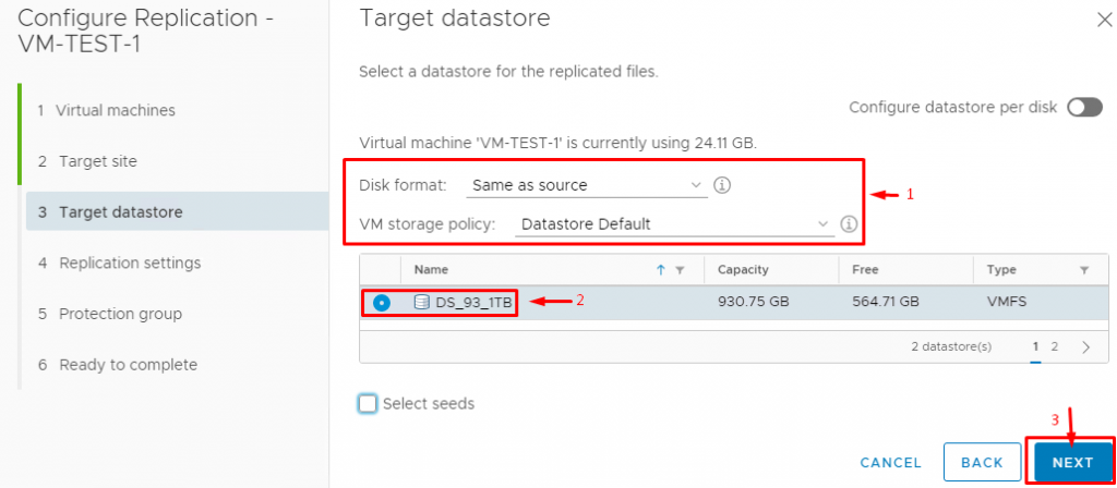 select a target datastore and specify additional settings