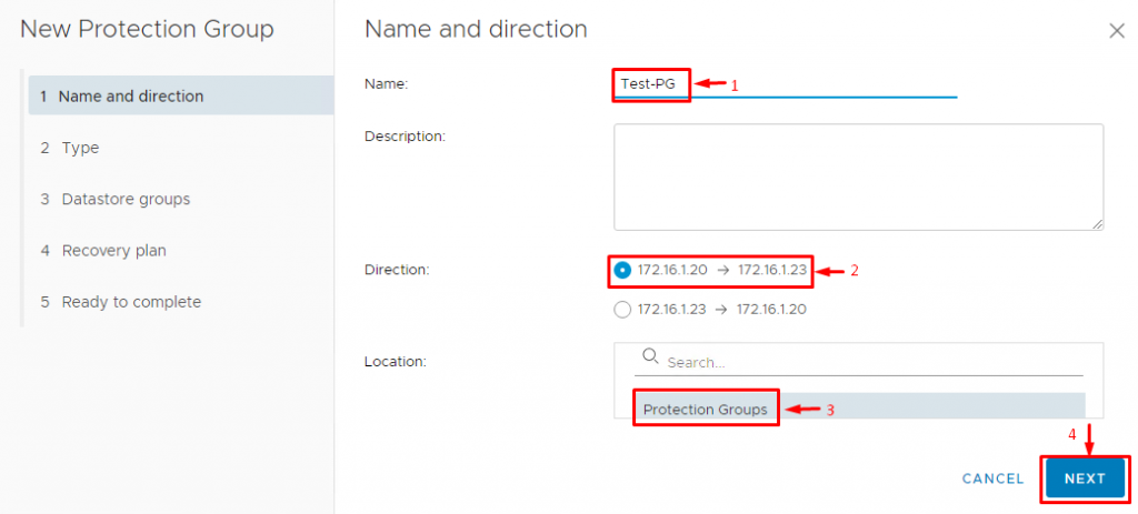 Enter a protection group name and select the replication direction.