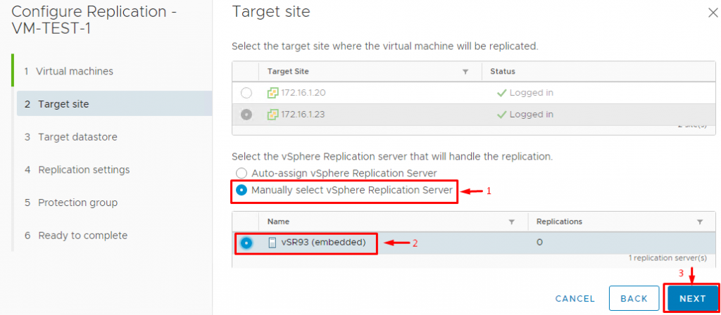 Select the target site and vSphere Replication server
