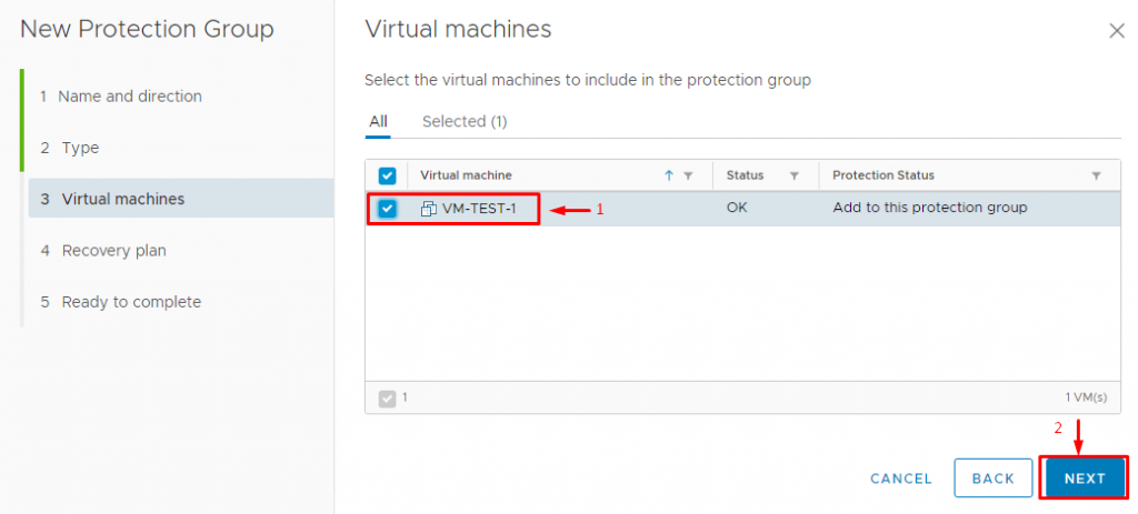 Select the VMs that are to be included in the protection group