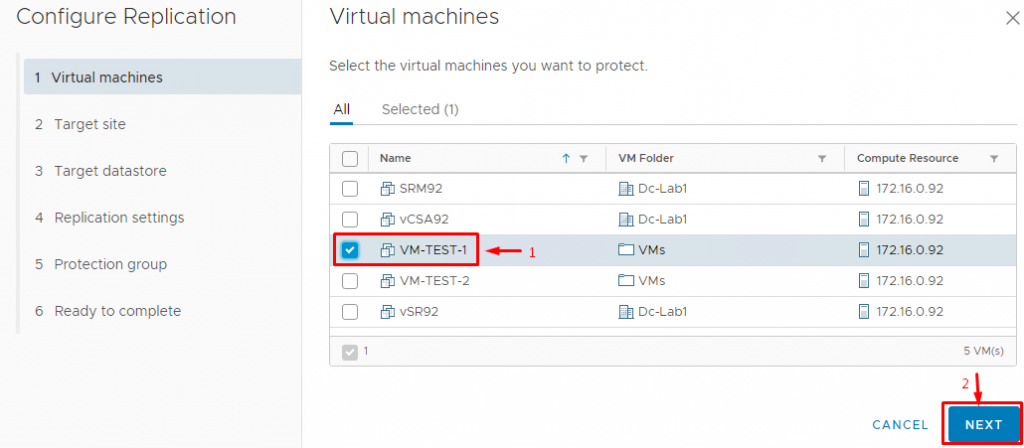 Configure Replication wizard, you need to select the VMs